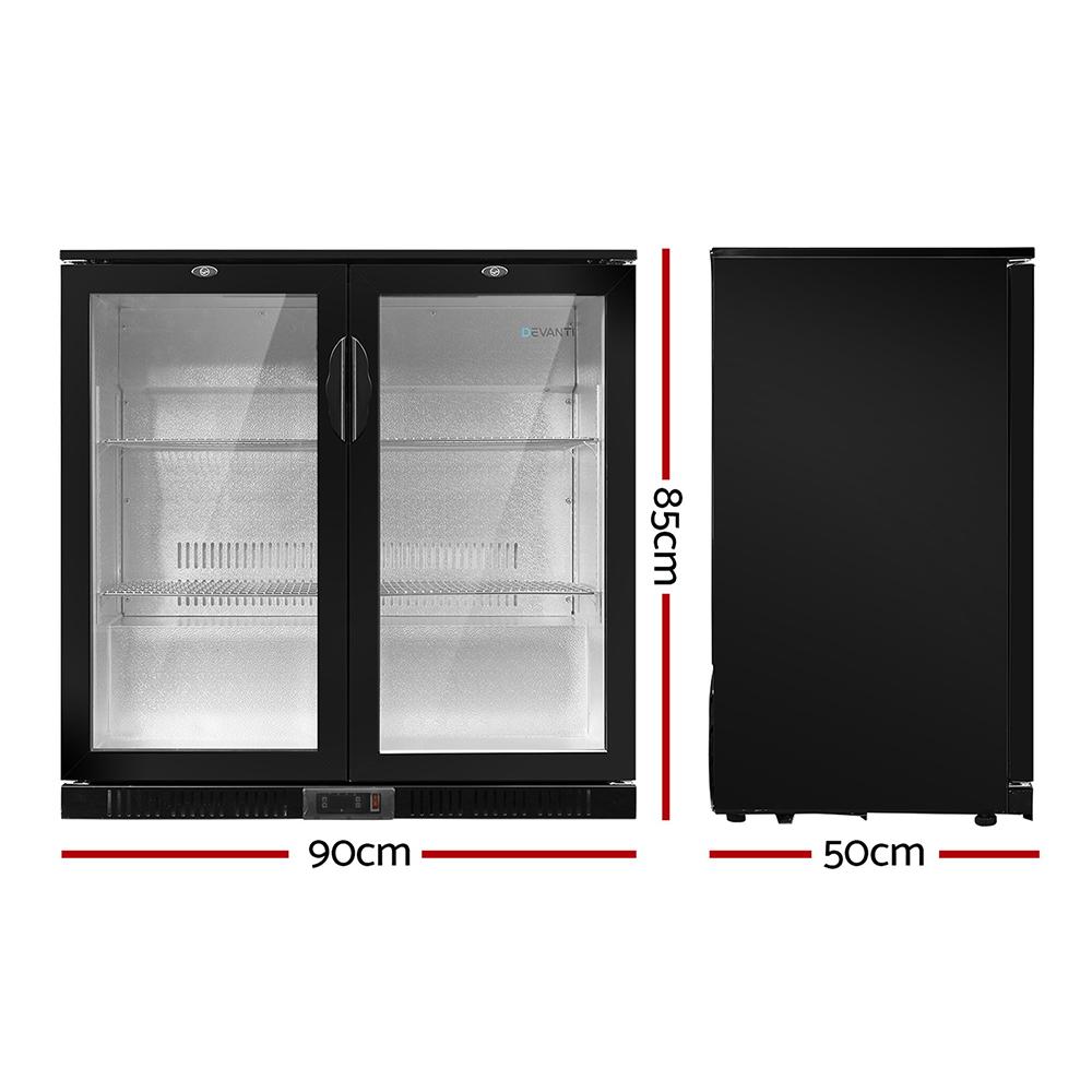 Devanti Bar Fridge with double glass doors, showcasing beverages inside, designed for commercial use.