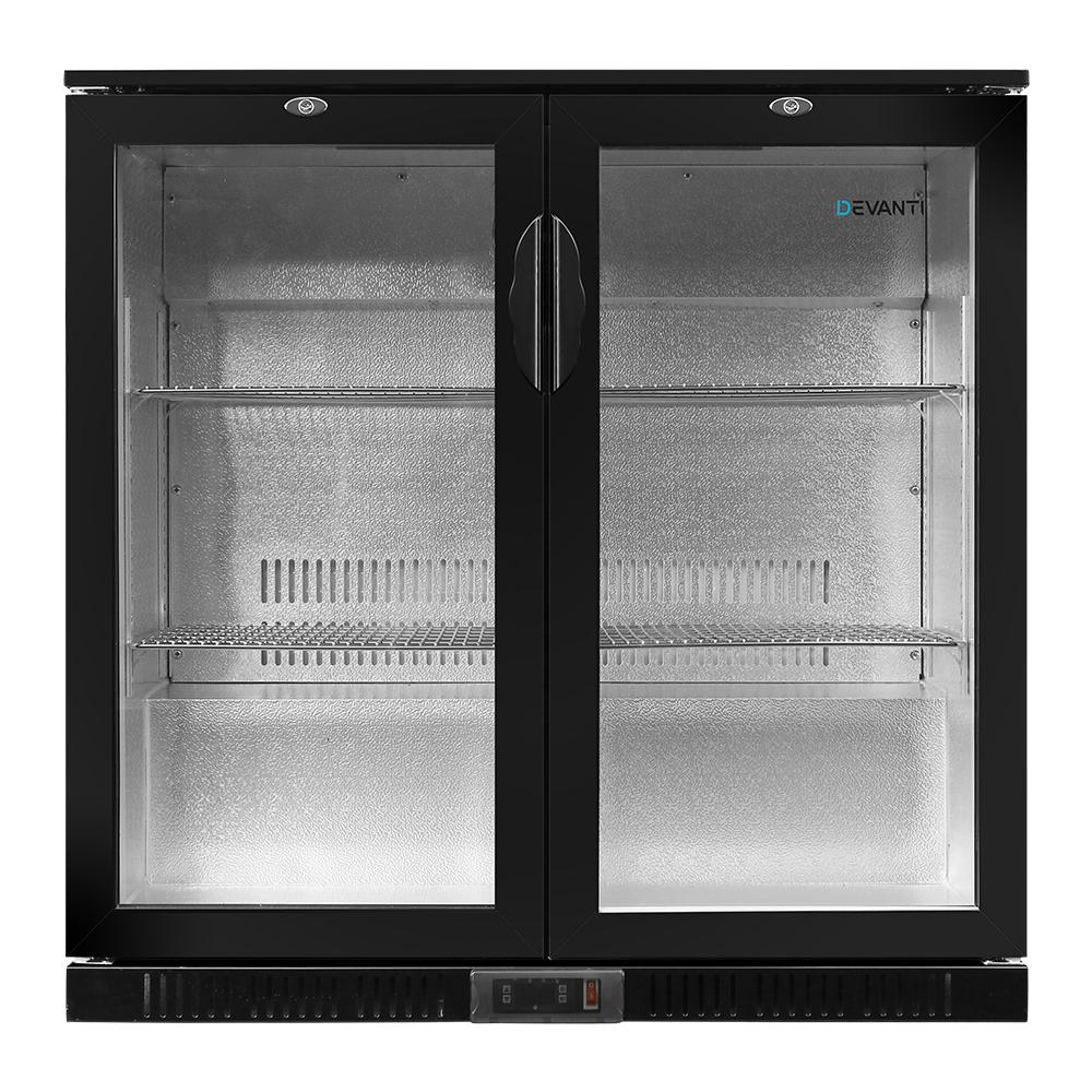 Devanti Bar Fridge with double glass doors, showcasing beverages inside, designed for commercial use.