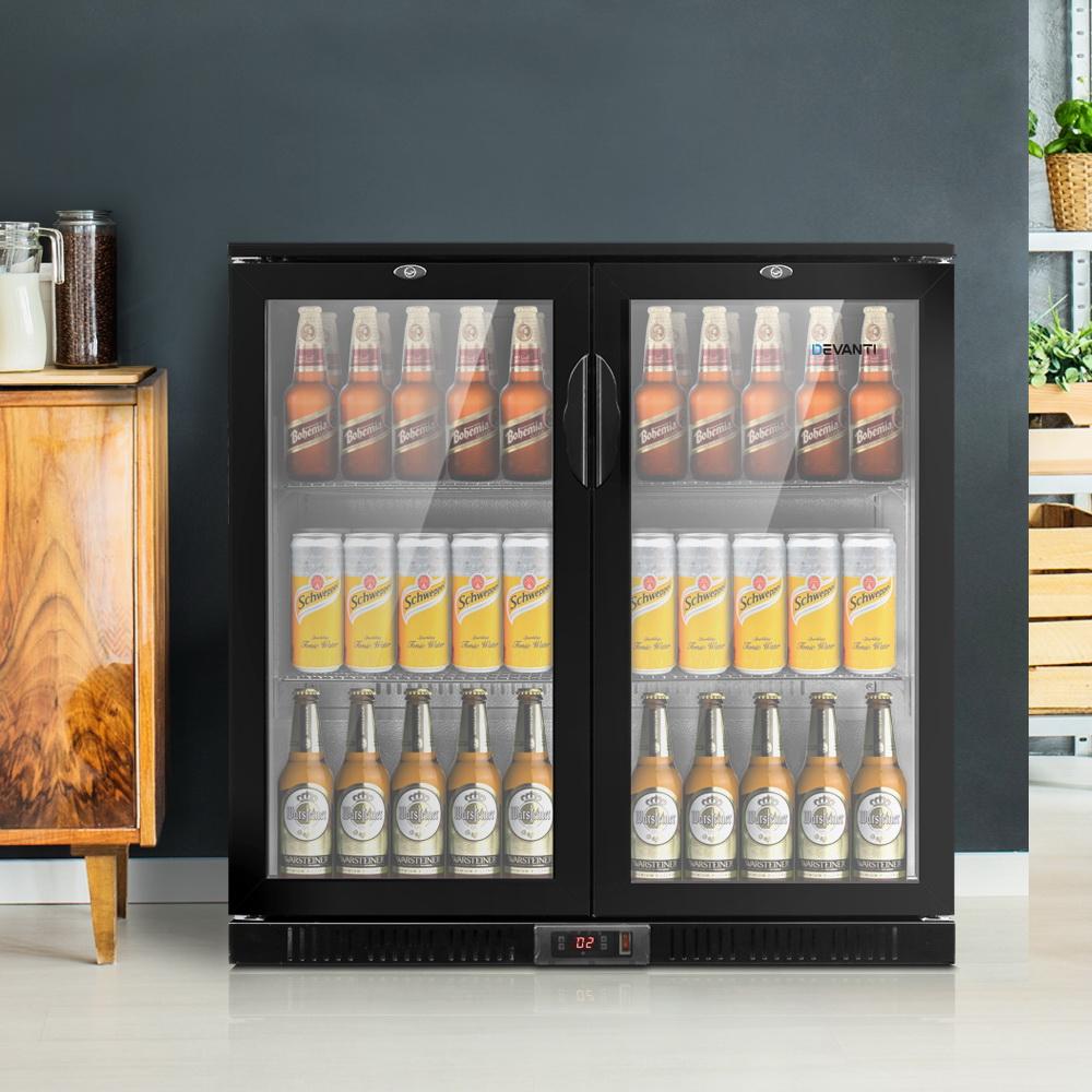 Devanti Bar Fridge with double glass doors, showcasing beverages inside, designed for commercial use.