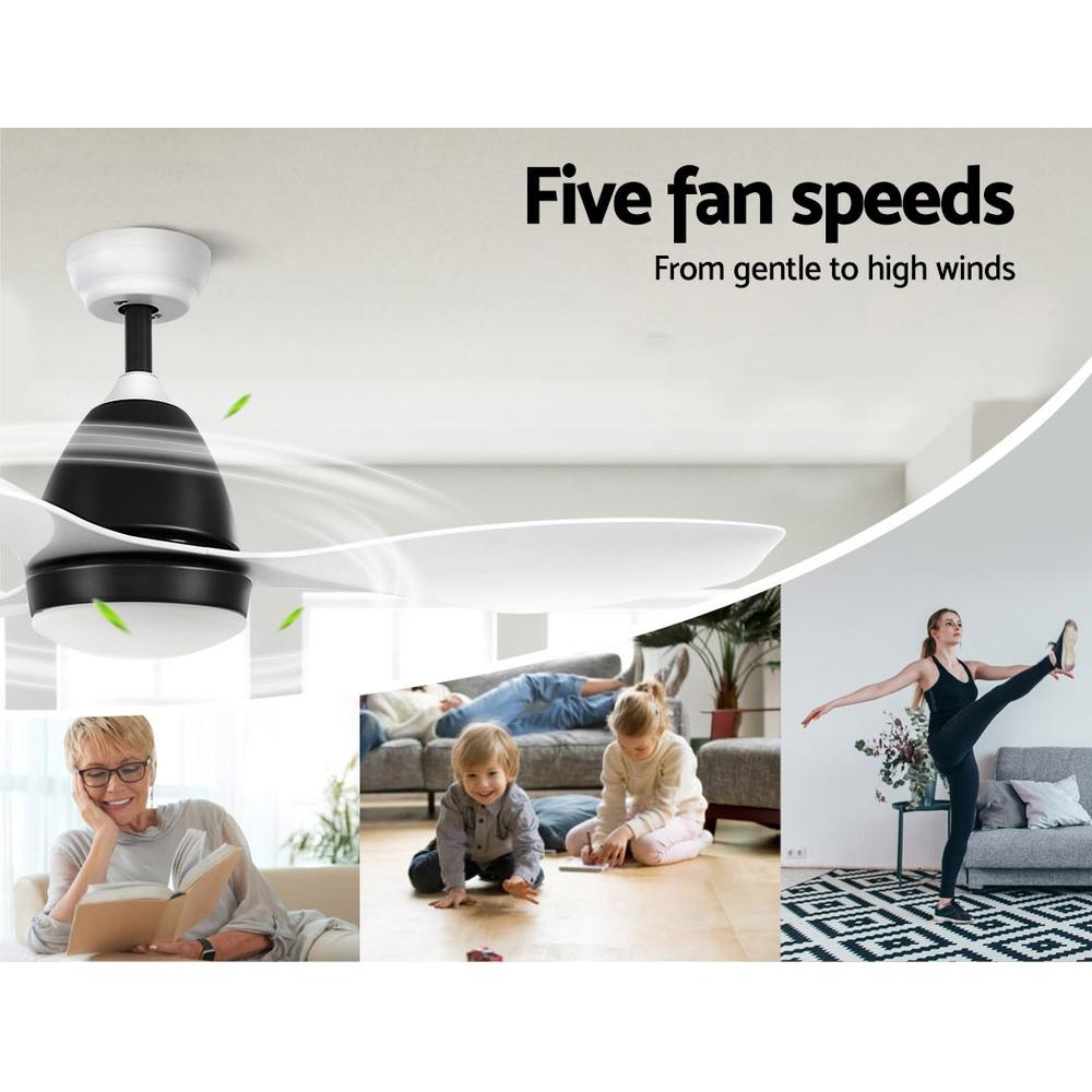 Devanti 48-inch white ceiling fan with remote control and built-in LED light, showcasing modern design and three blades.