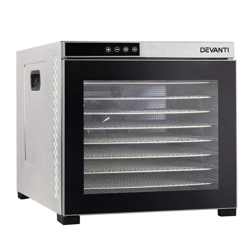 Devanti Commercial Food Dehydrator with 10 stainless steel trays and LCD touch control panel, designed for efficient food drying.