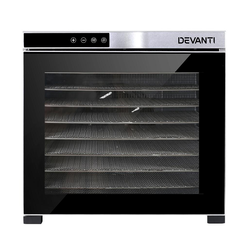 Devanti Commercial Food Dehydrator with 10 stainless steel trays and LCD touch control panel, designed for efficient food drying.