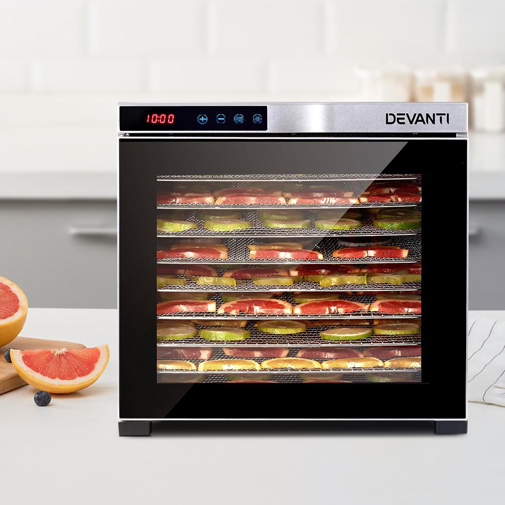 Devanti Commercial Food Dehydrator with 10 stainless steel trays and LCD touch control panel, designed for efficient food drying.