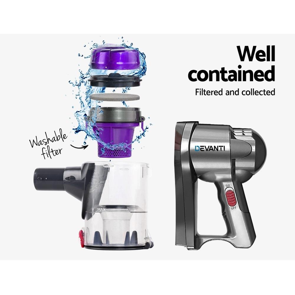 Devanti Corded Handheld Bagless Vacuum Cleaner in purple and silver, showcasing its sleek design and features.