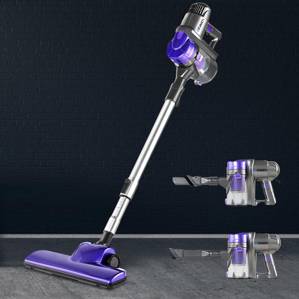 Devanti Corded Handheld Bagless Vacuum Cleaner in purple and silver, showcasing its sleek design and features.