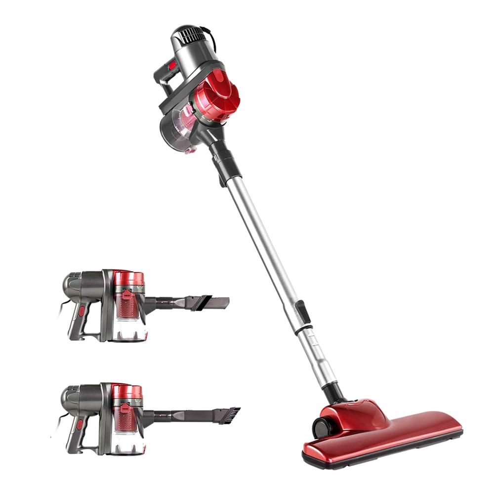 Devanti Corded Handheld Bagless Vacuum Cleaner in red and silver, showcasing its sleek design and features.