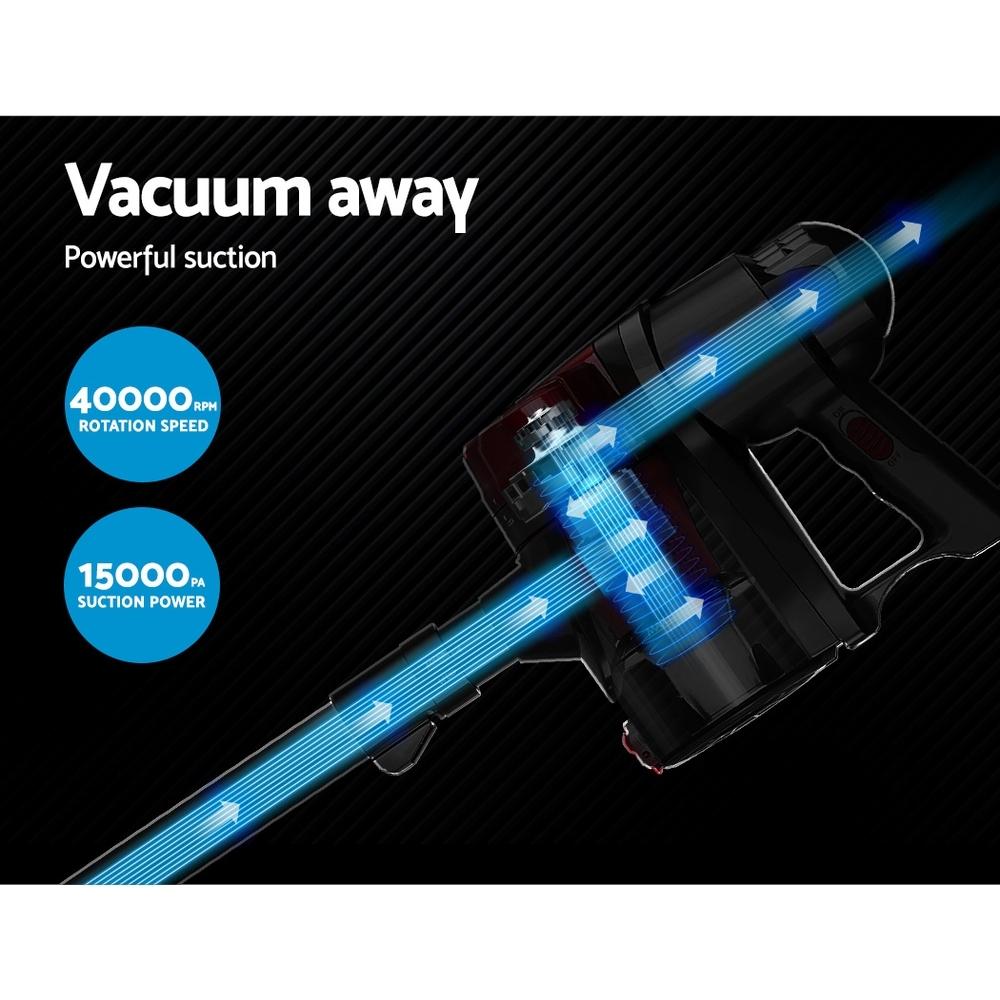 Devanti Corded Handheld Bagless Vacuum Cleaner in red and silver, showcasing its sleek design and features.