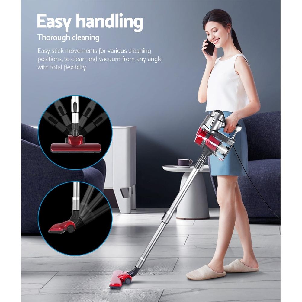 Devanti Corded Handheld Bagless Vacuum Cleaner in red and silver, showcasing its sleek design and features.