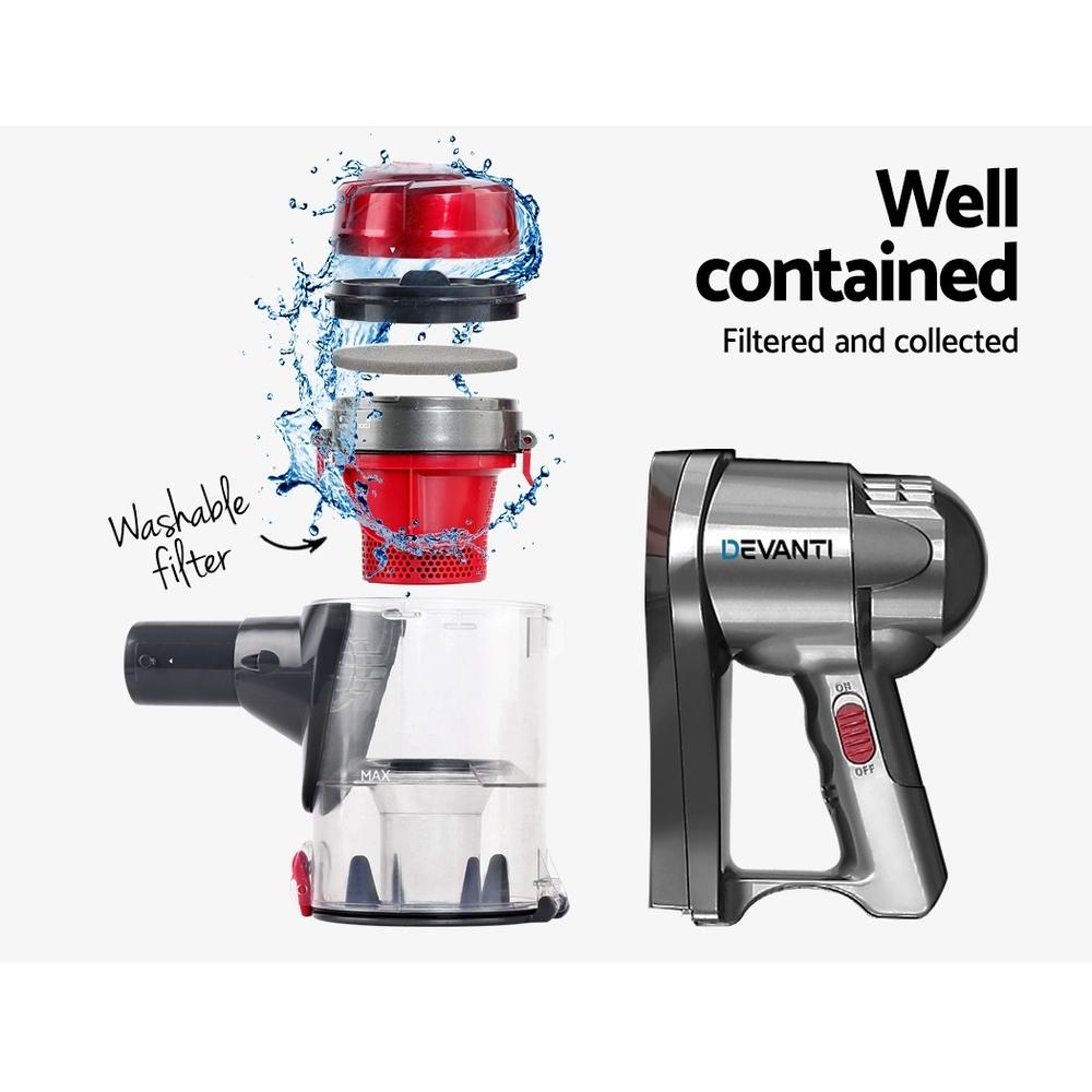 Devanti Corded Handheld Bagless Vacuum Cleaner in red and silver, showcasing its sleek design and features.