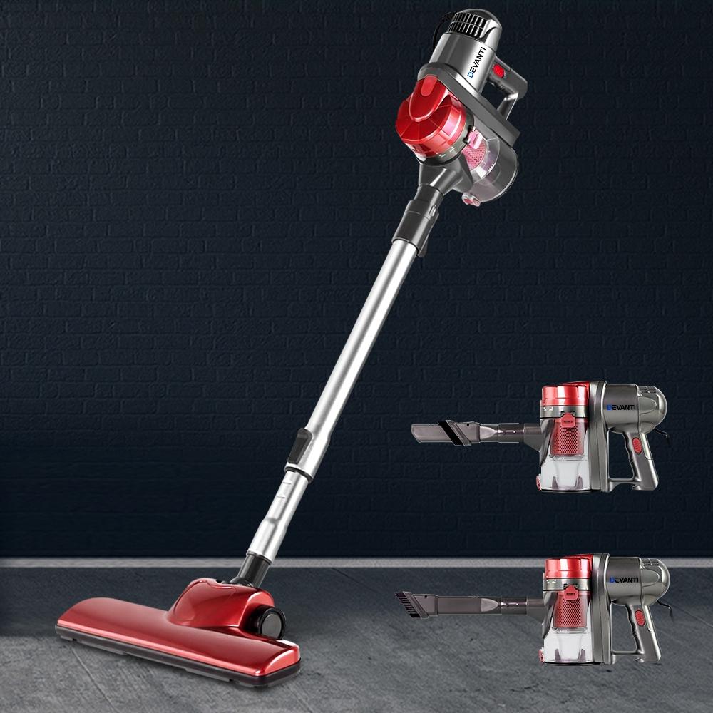 Devanti Corded Handheld Bagless Vacuum Cleaner in red and silver, showcasing its sleek design and features.