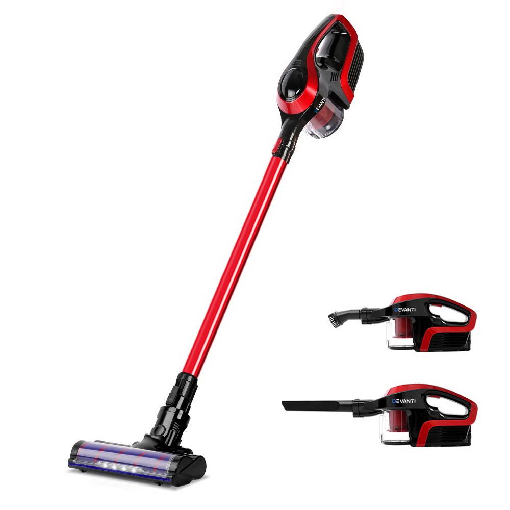 Devanti Cordless 150W Handstick Vacuum Cleaner in red and black, showcasing its sleek design and motorized roller head.