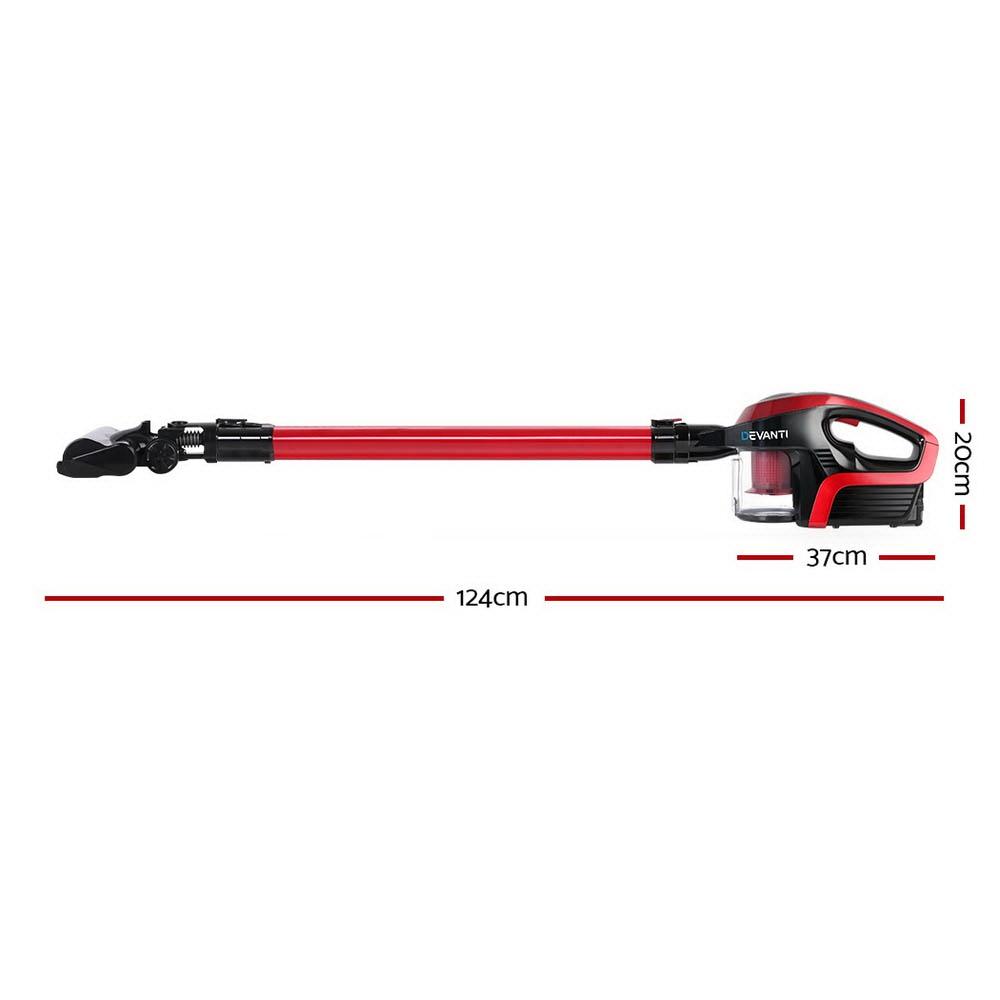 Devanti Cordless 150W Handstick Vacuum Cleaner in red and black, showcasing its sleek design and motorized roller head.