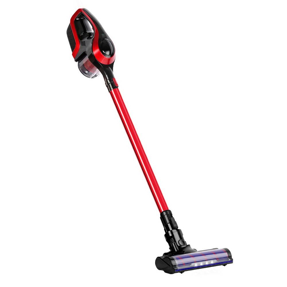 Devanti Cordless 150W Handstick Vacuum Cleaner in red and black, showcasing its sleek design and motorized roller head.