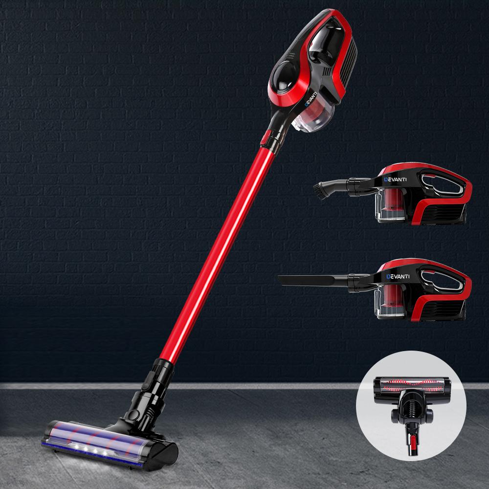 Devanti Cordless 150W Handstick Vacuum Cleaner in red and black, showcasing its sleek design and motorized roller head.