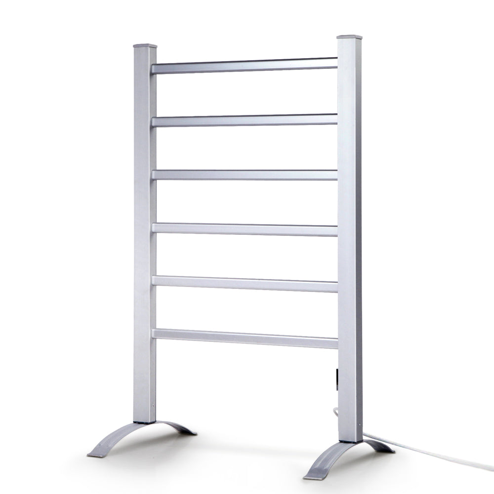 Devanti Electric Heated Towel Rail with 6 bars, showcasing its sleek aluminium design and portable freestanding style.