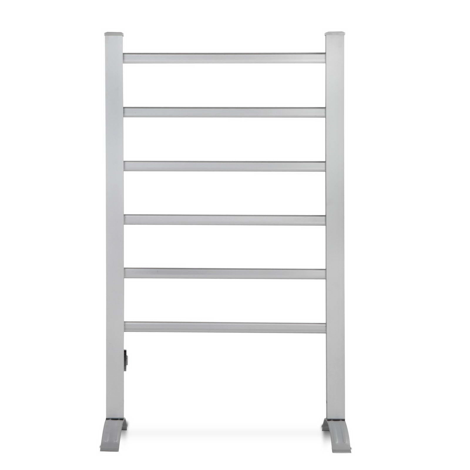 Devanti Electric Heated Towel Rail with 6 bars, showcasing its sleek aluminium design and portable freestanding style.