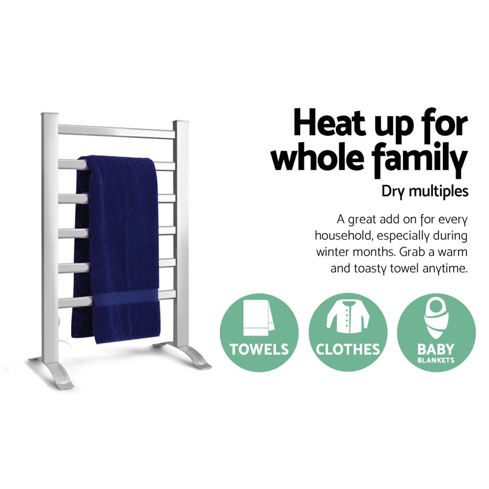 Devanti Electric Heated Towel Rail with 6 bars, showcasing its sleek aluminium design and portable freestanding style.