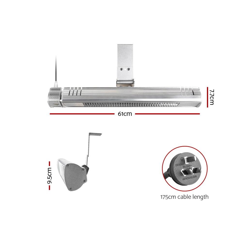 Devanti Electric Infrared Radiant Strip Heater in silver, showcasing its sleek design and halogen heating technology for indoor and outdoor use.