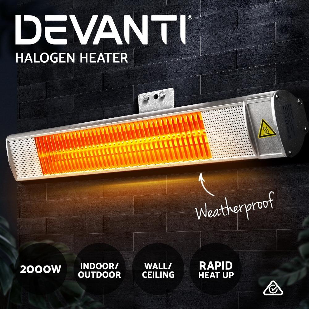 Devanti Electric Infrared Radiant Strip Heater in silver, showcasing its sleek design and halogen heating technology for indoor and outdoor use.