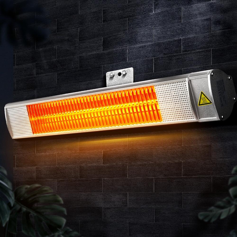 Devanti Electric Infrared Radiant Strip Heater in silver, showcasing its sleek design and halogen heating technology for indoor and outdoor use.