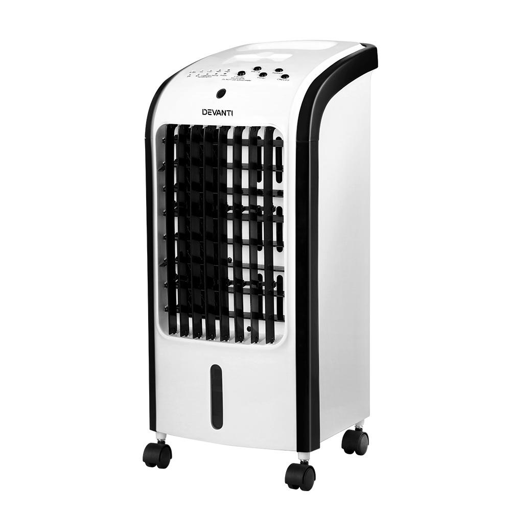 Devanti Evaporative Air Cooler Conditioner in black and white, showcasing its sleek design and portable features.