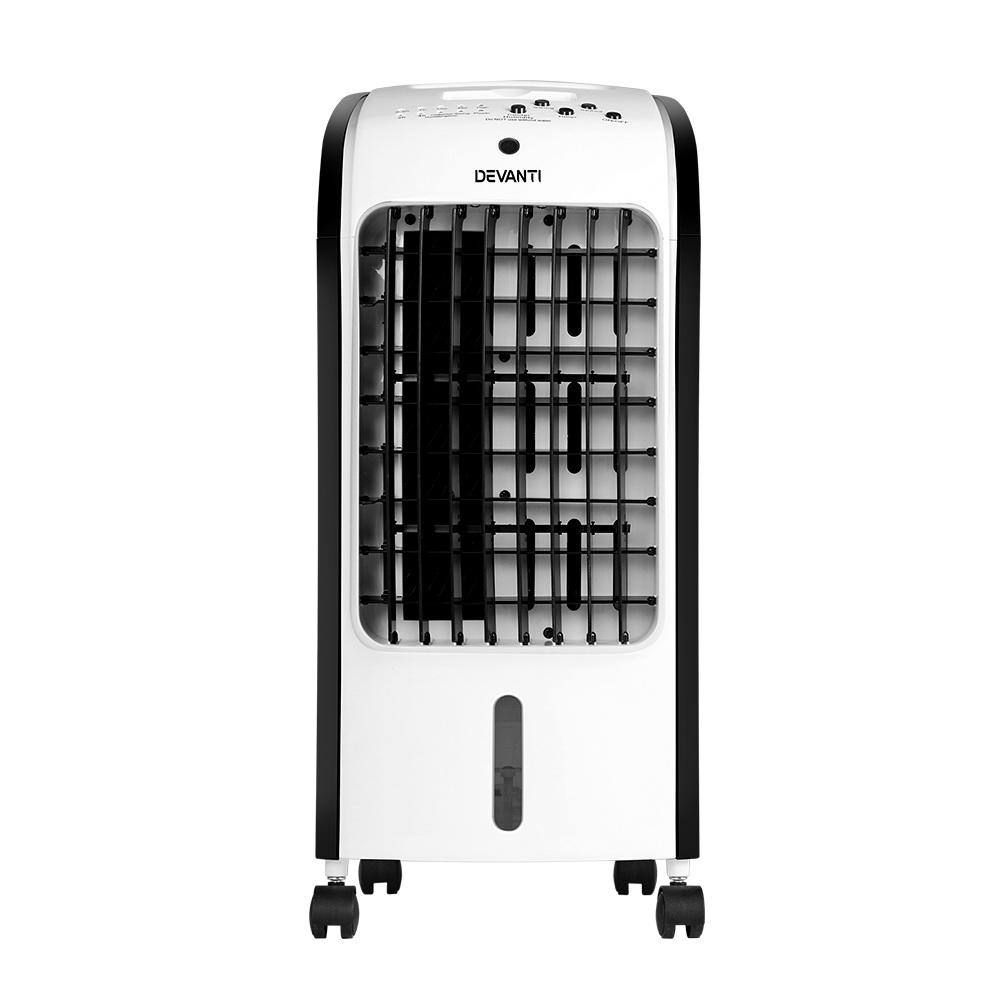 Devanti Evaporative Air Cooler Conditioner in black and white, showcasing its sleek design and portable features.