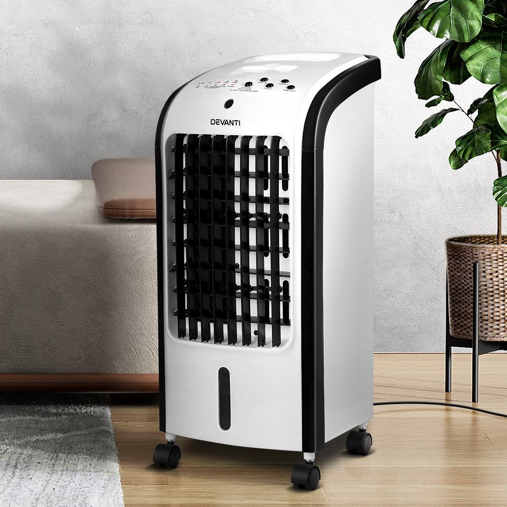 Devanti Evaporative Air Cooler Conditioner in black and white, showcasing its sleek design and portable features.