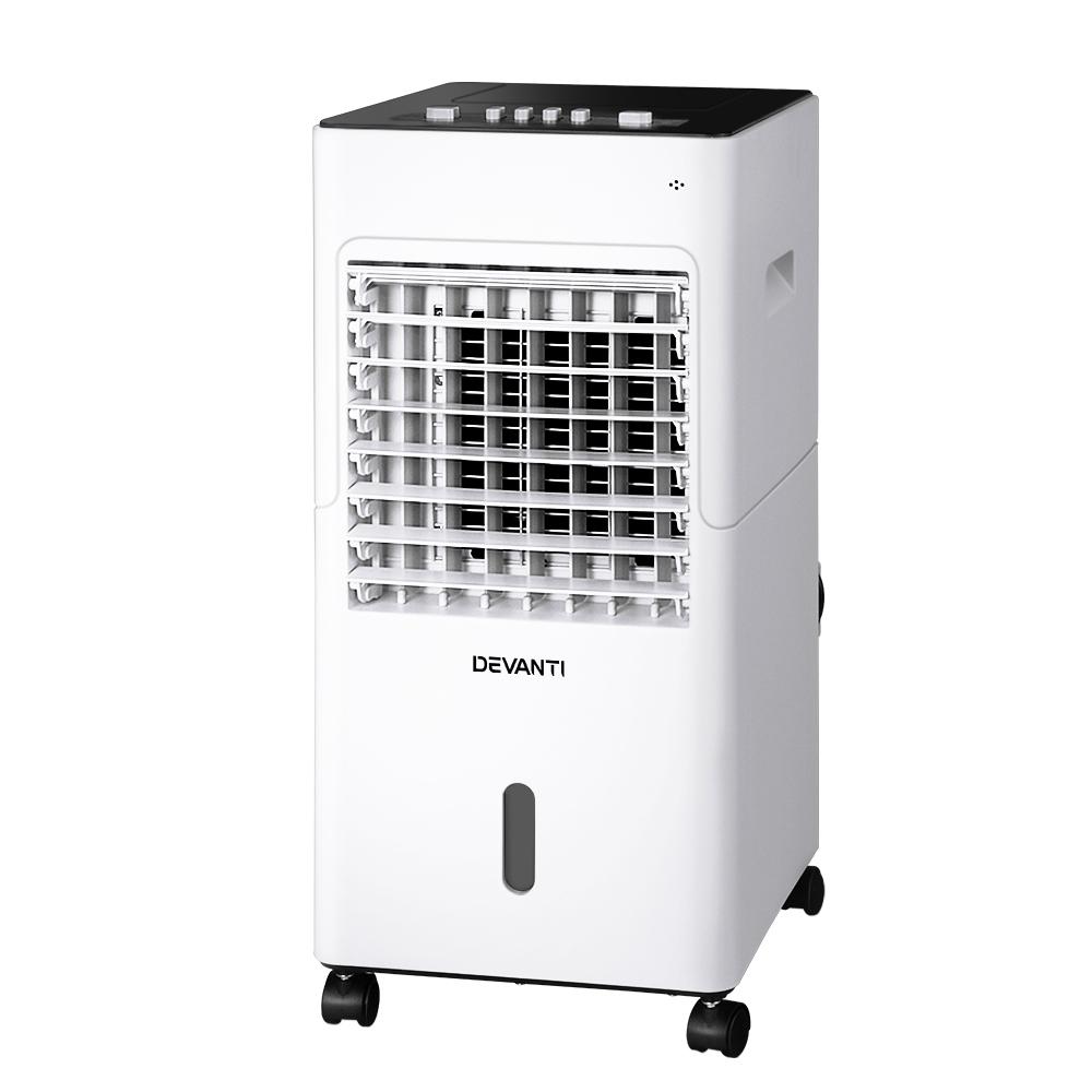 Devanti Evaporative Air Cooler Conditioner in black and white, showcasing its sleek design and control panel.