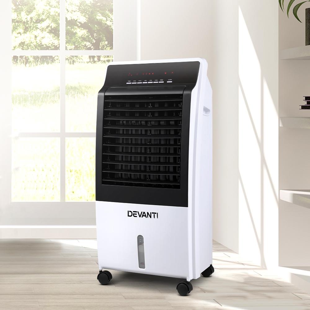 Devanti Evaporative Air Cooler in black and white with remote control and LED display, designed for efficient cooling and air purification.