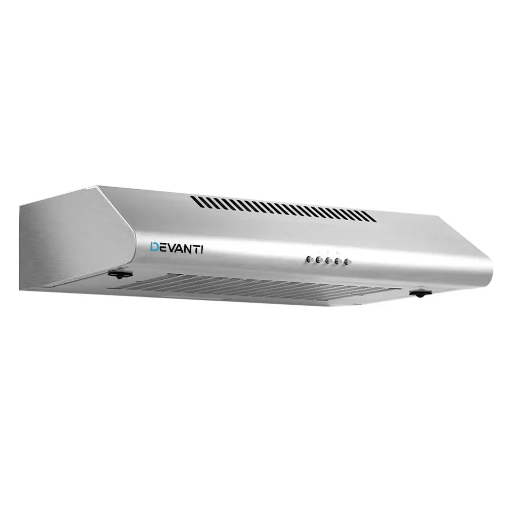 DEVANTI 60cm stainless steel fixed range hood with LED light and touch controls, designed for efficient kitchen ventilation.