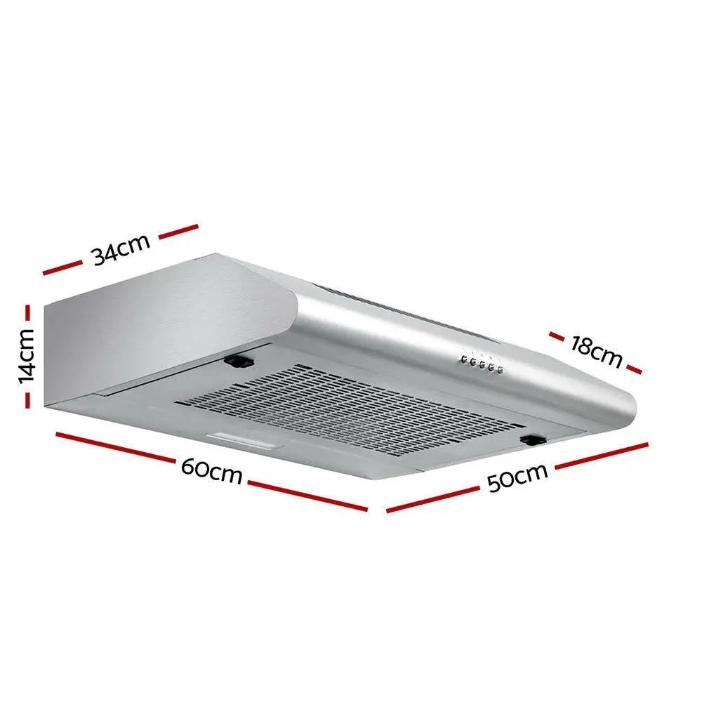 DEVANTI 60cm stainless steel fixed range hood with LED light and touch controls, designed for efficient kitchen ventilation.