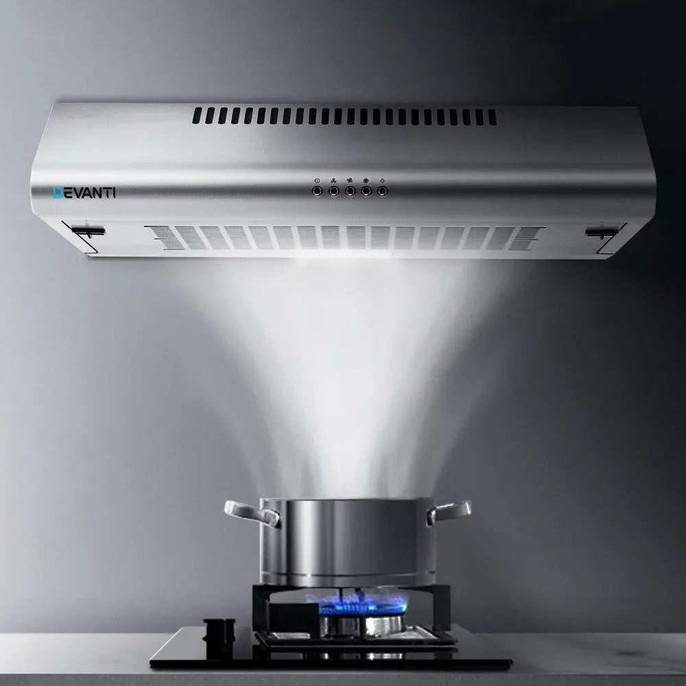 DEVANTI 60cm stainless steel fixed range hood with LED light and touch controls, designed for efficient kitchen ventilation.