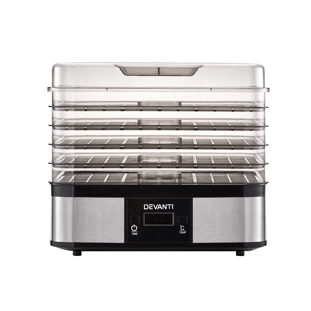 Devanti Food Dehydrator with 5 trays in silver, showcasing its stainless steel casing and transparent trays for drying fruits and vegetables.