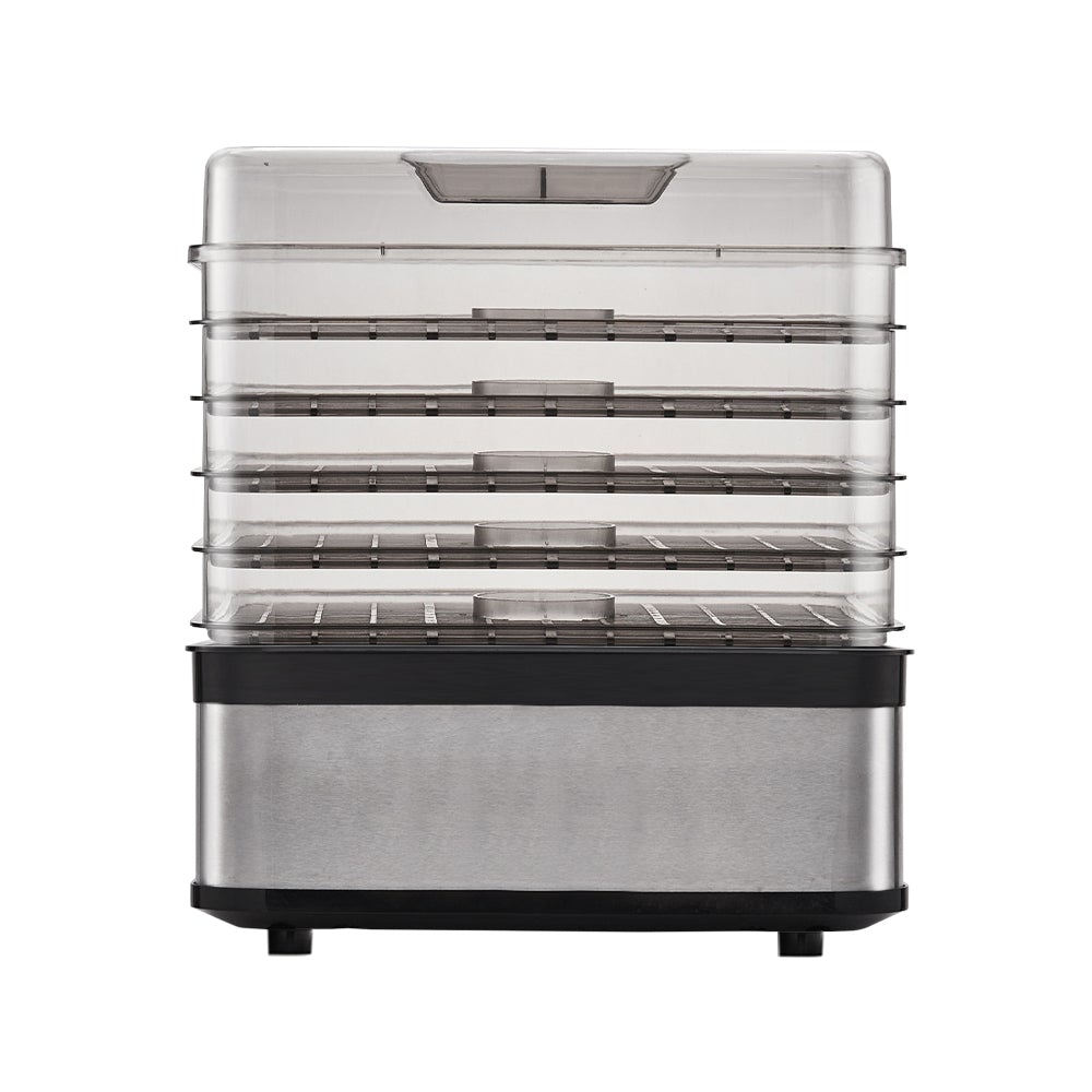 Devanti Food Dehydrator with 5 trays in silver, showcasing its stainless steel casing and transparent trays for drying fruits and vegetables.