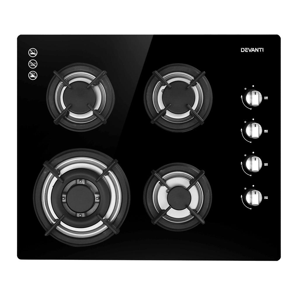 Devanti 60cm Gas Cooktop with four burners and black tempered glass surface, showcasing stainless steel knob controls.