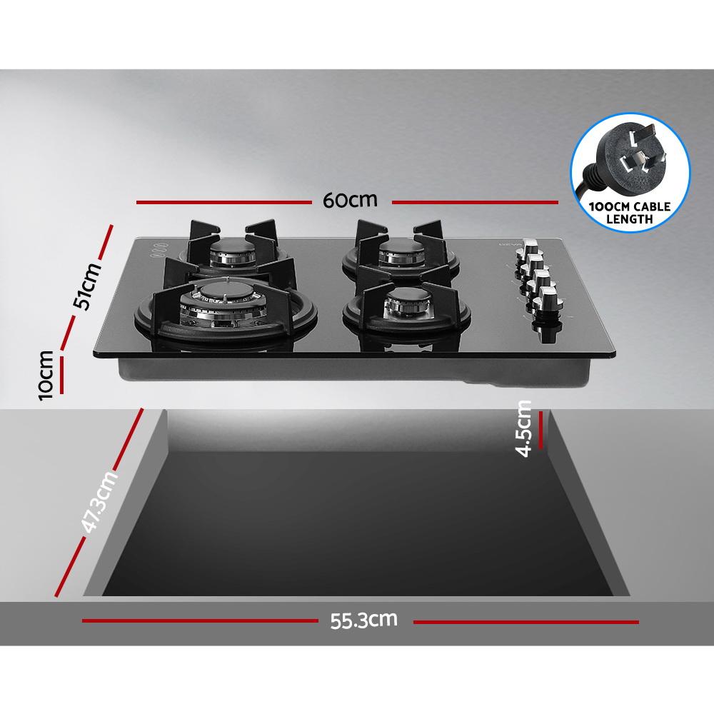 Devanti 60cm Gas Cooktop with four burners and black tempered glass surface, showcasing stainless steel knob controls.