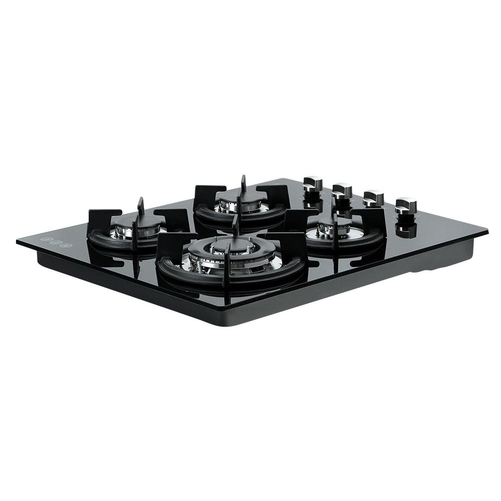 Devanti 60cm Gas Cooktop with four burners and black tempered glass surface, showcasing stainless steel knob controls.