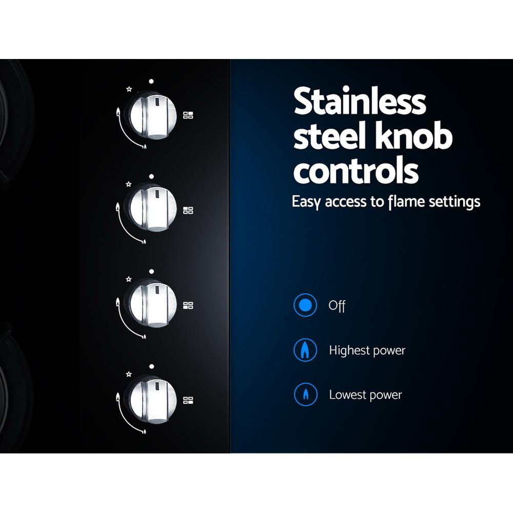 Devanti 60cm Gas Cooktop with four burners and black tempered glass surface, showcasing stainless steel knob controls.