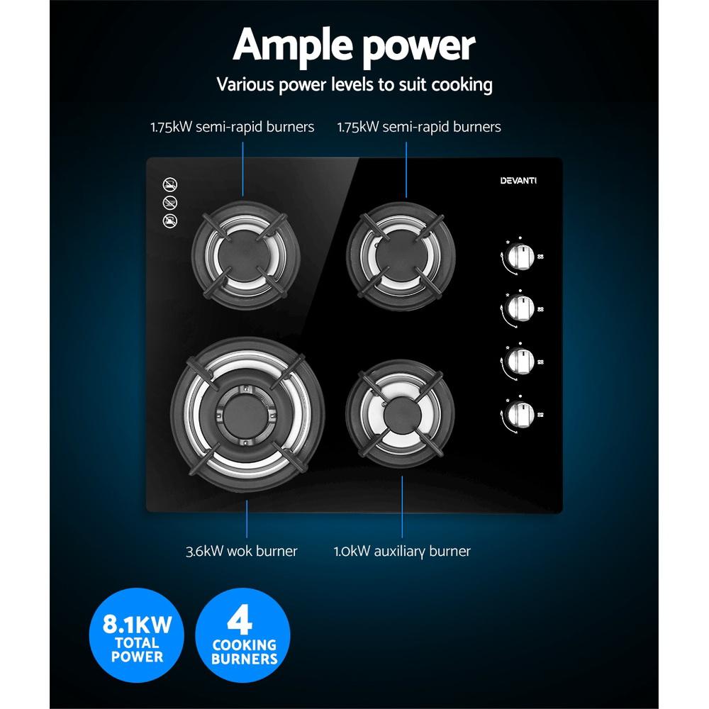 Devanti 60cm Gas Cooktop with four burners and black tempered glass surface, showcasing stainless steel knob controls.