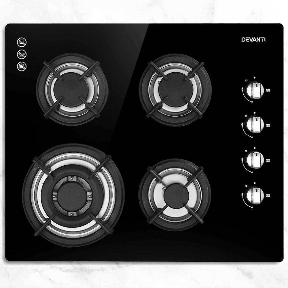 Devanti 60cm Gas Cooktop with four burners and black tempered glass surface, showcasing stainless steel knob controls.