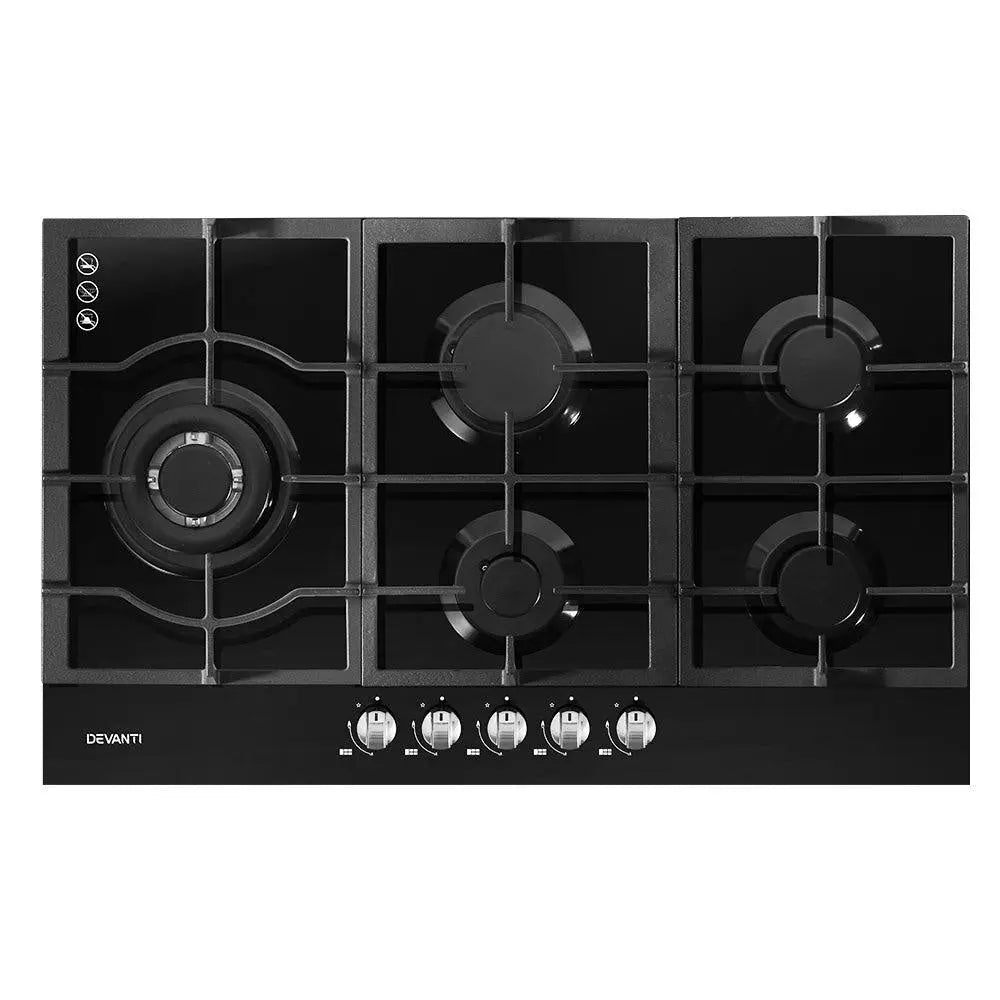 Devanti 90cm Gas Cooktop with 5 burners and black tempered glass surface, showcasing its sleek design and stainless steel controls.