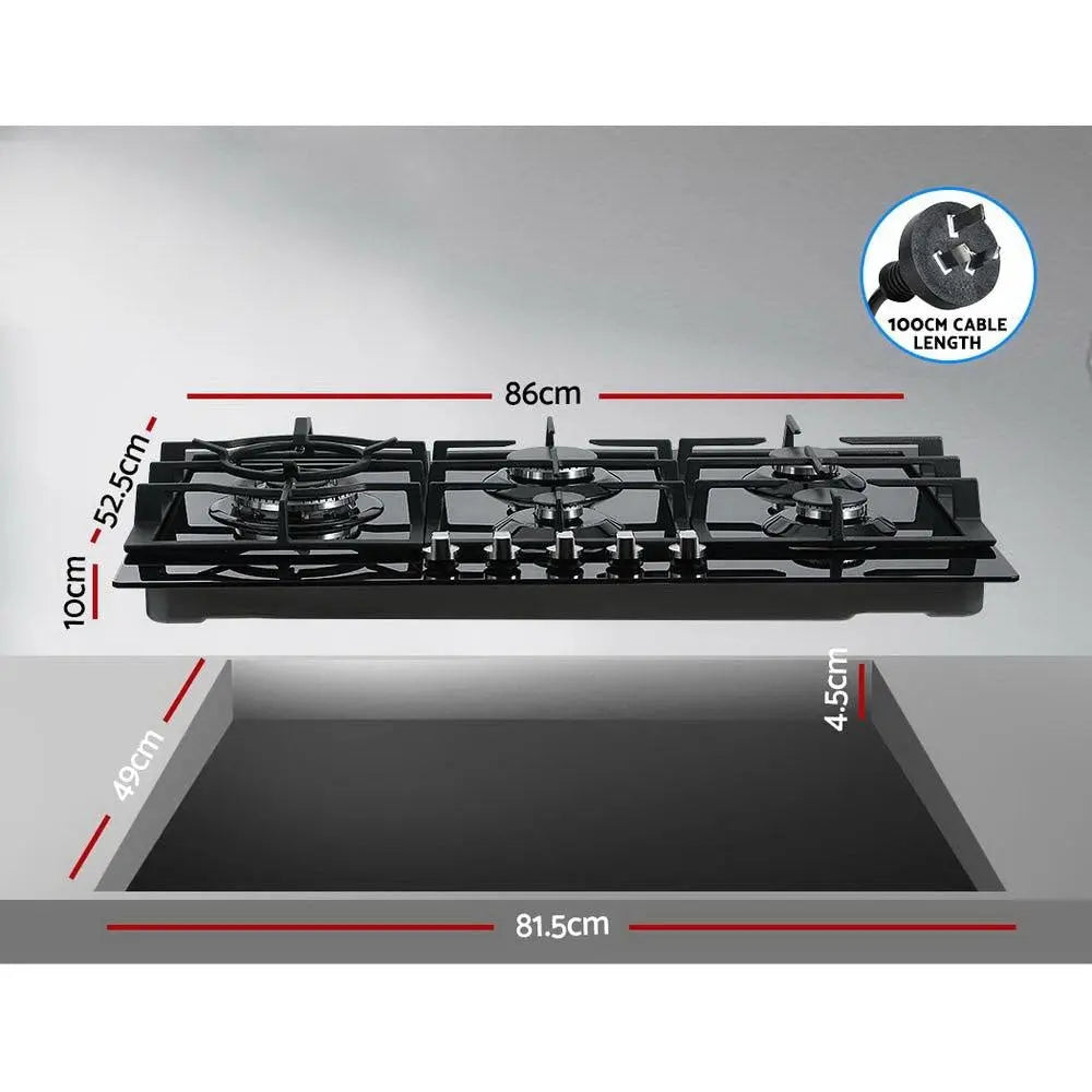 Devanti 90cm Gas Cooktop with 5 burners and black tempered glass surface, showcasing its sleek design and stainless steel controls.