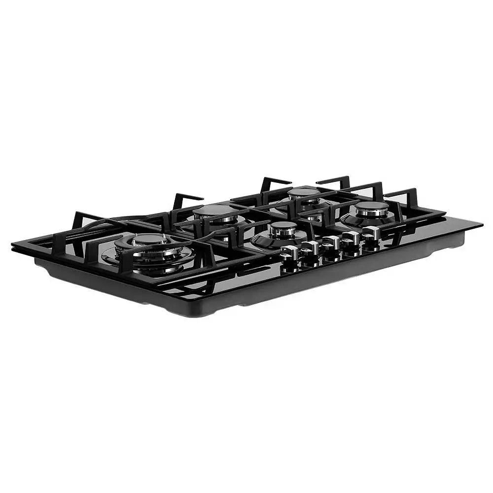 Devanti 90cm Gas Cooktop with 5 burners and black tempered glass surface, showcasing its sleek design and stainless steel controls.