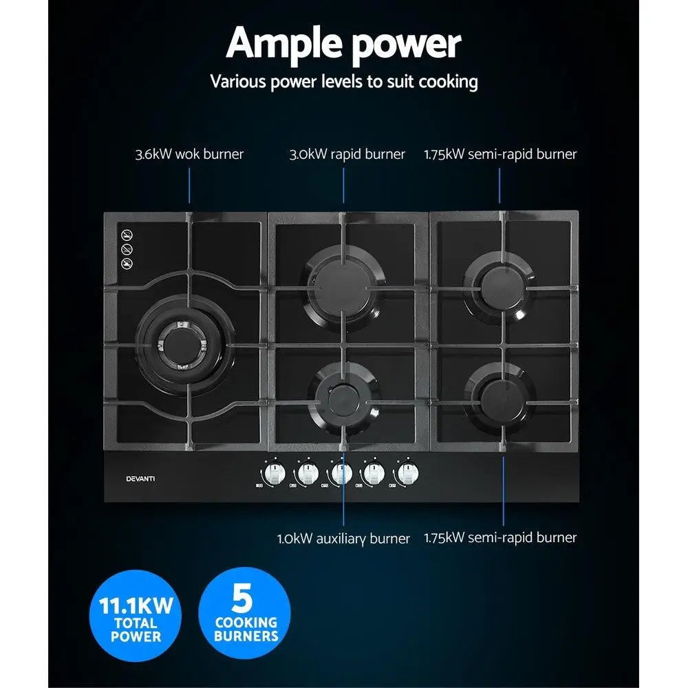 Devanti 90cm Gas Cooktop with 5 burners and black tempered glass surface, showcasing its sleek design and stainless steel controls.