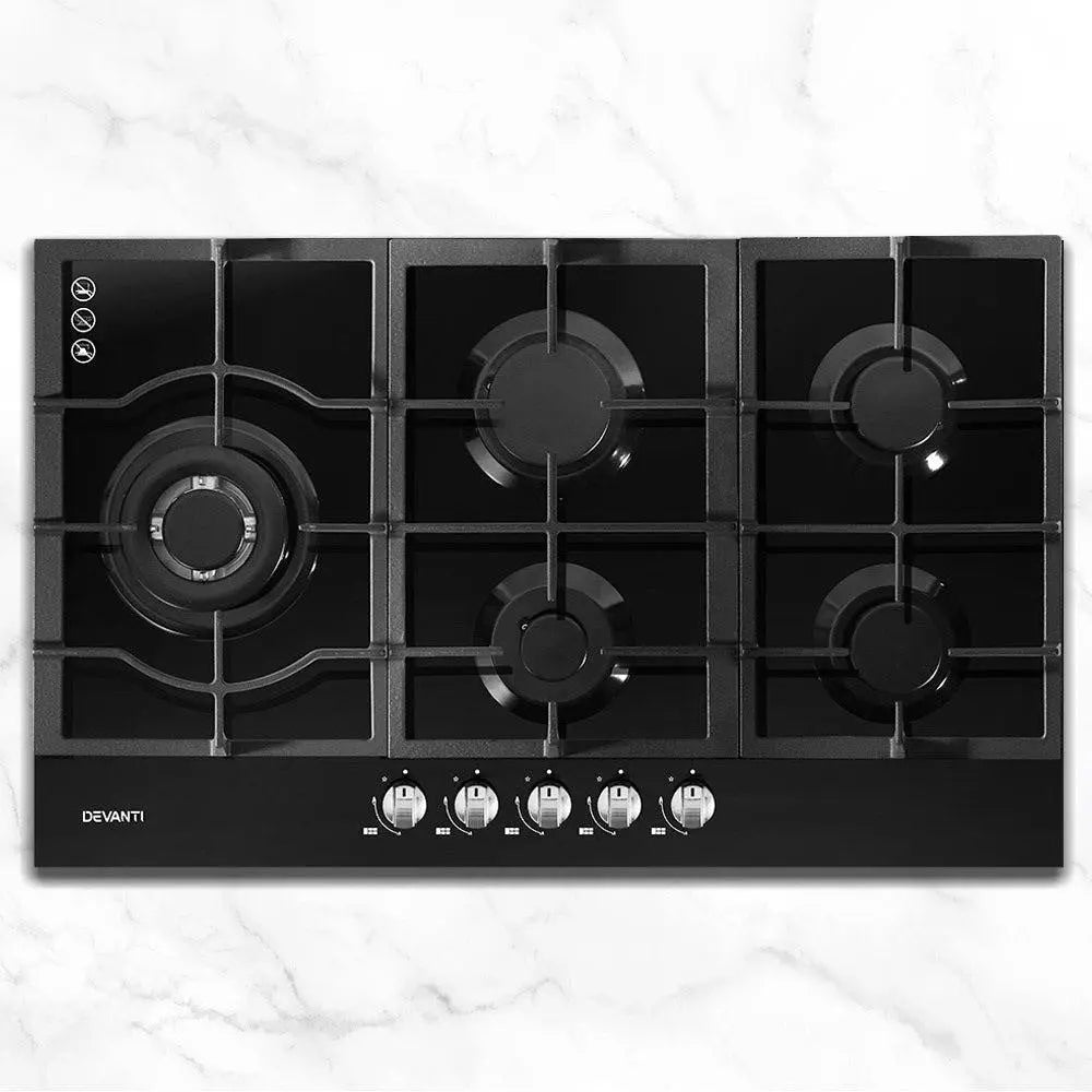 Devanti 90cm Gas Cooktop with 5 burners and black tempered glass surface, showcasing its sleek design and stainless steel controls.