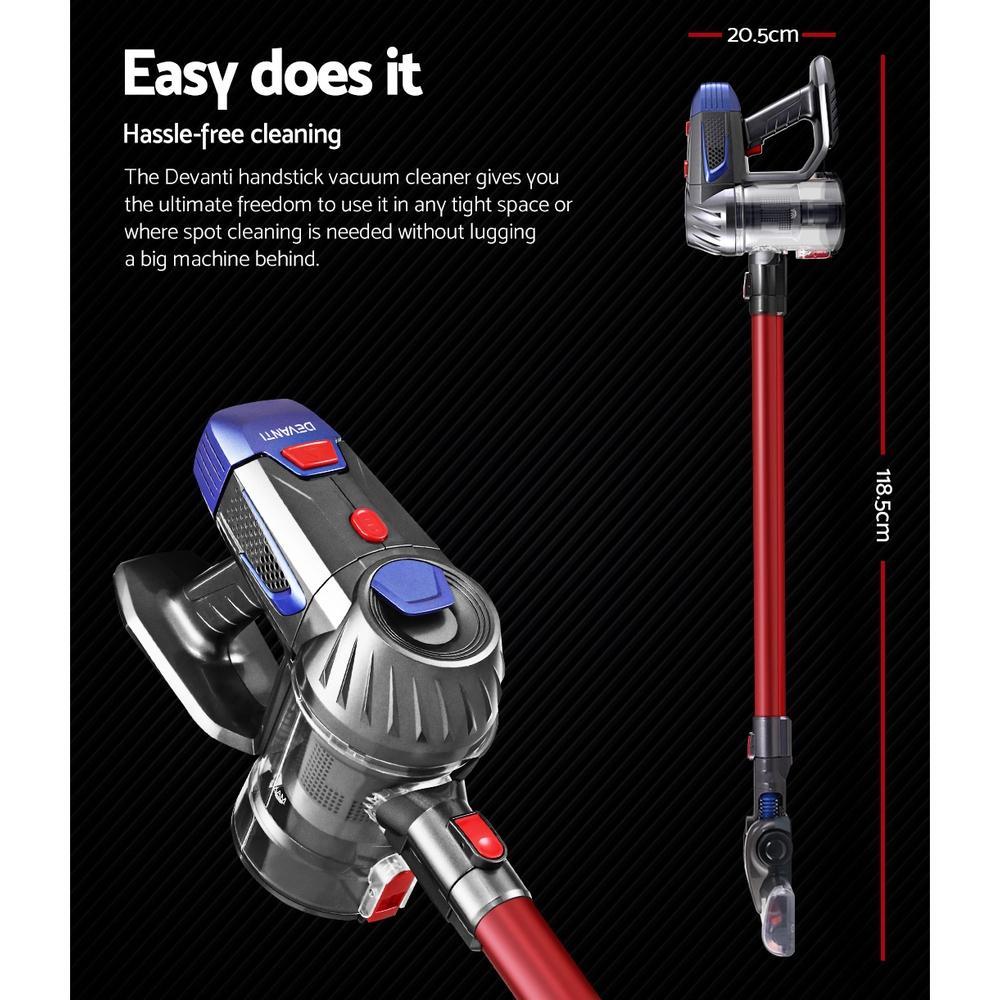 Devanti Handheld Vacuum Cleaner in red and grey, showcasing its lightweight design and accessories including a floor brush and convertible nozzle.