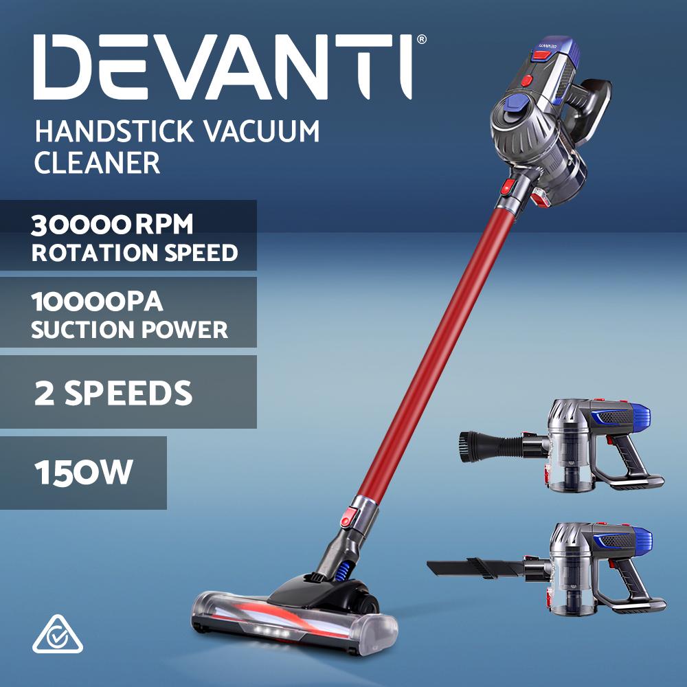 Devanti Handheld Vacuum Cleaner in red and grey, showcasing its lightweight design and accessories including a floor brush and convertible nozzle.