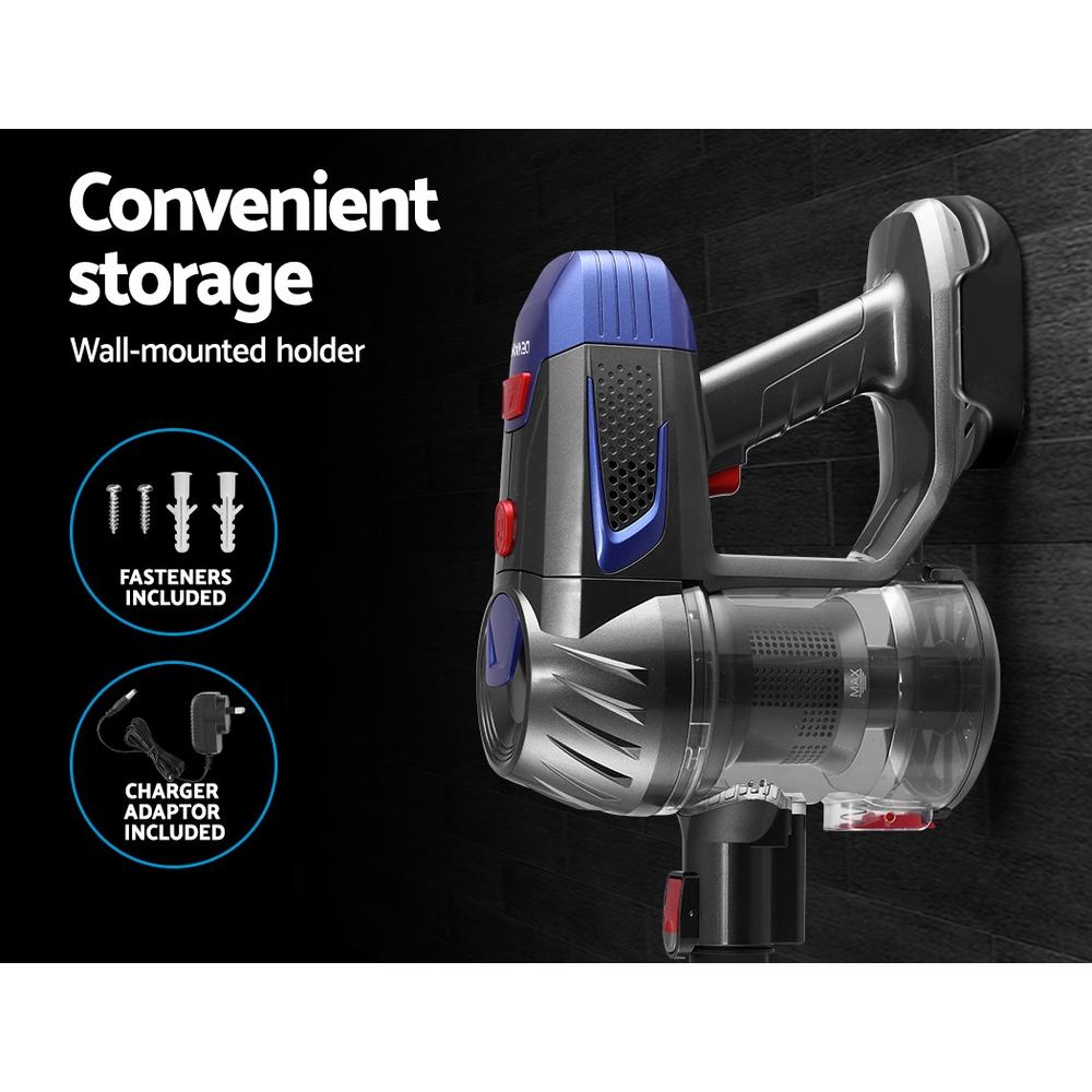 Devanti Handheld Vacuum Cleaner in red and grey, showcasing its lightweight design and accessories including a floor brush and convertible nozzle.