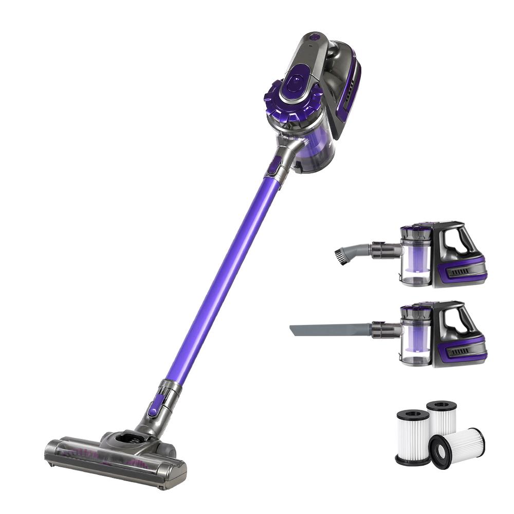 Devanti Handheld Vacuum Cleaner in purple and grey, showcasing its sleek design and accessories for versatile cleaning.