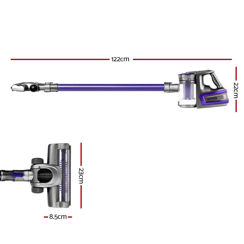 Devanti Handheld Vacuum Cleaner in purple and grey, showcasing its sleek design and accessories for versatile cleaning.